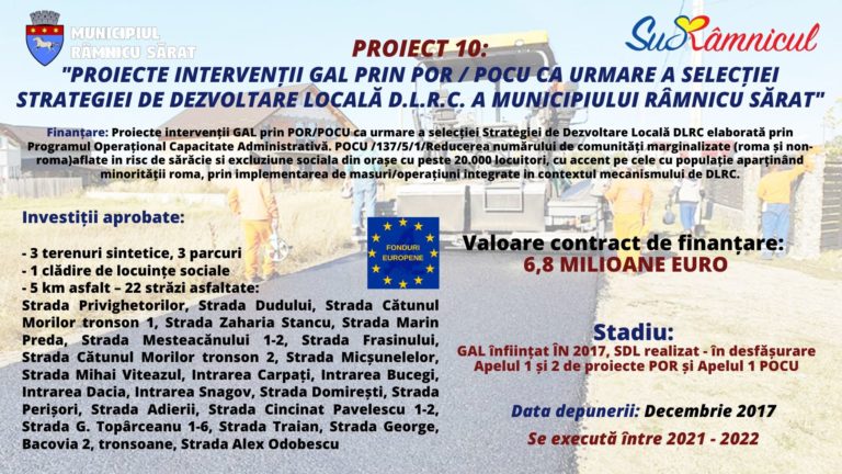 „PROIECTE INTERVENȚII GAL PRIN POR / POCU CA URMARE A SELECȚIEI STRATEGIEI DE DEZVOLTARE LOCALĂ D.L.R.C. A MUNICIPIULUI RÂMNICU SĂRAT”