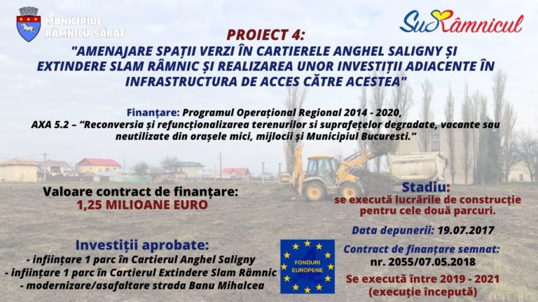 „AMENAJARE SPAȚII VERZI ÎN CARTIERELE ANGHEL SALIGNY ȘI EXTINDERE SLAM RÂMNIC ȘI REALIZAREA UNOR INVESTIȚII ÎN INFRASTRUCTURA DE ACCES CĂTRE ACESTEA”