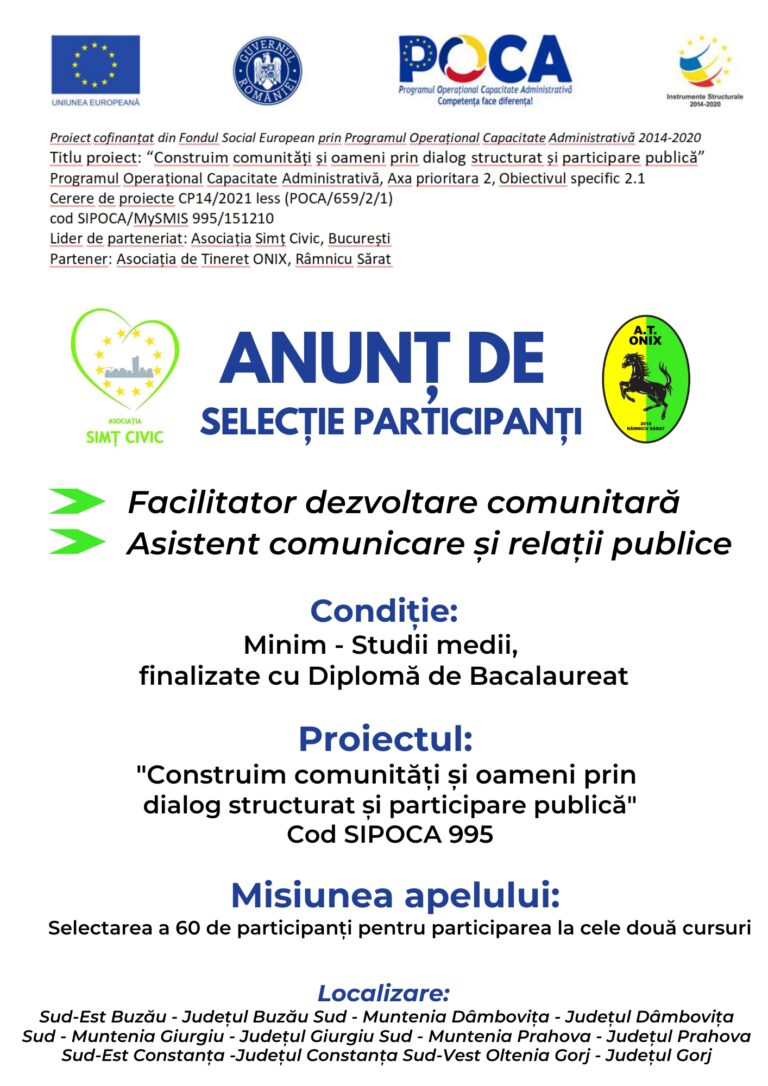 ANUNȚ DE SELECȚIE PARTICIPANȚI – Proiectul “Construim comunități și oameni prin dialog structurat și participare publică”